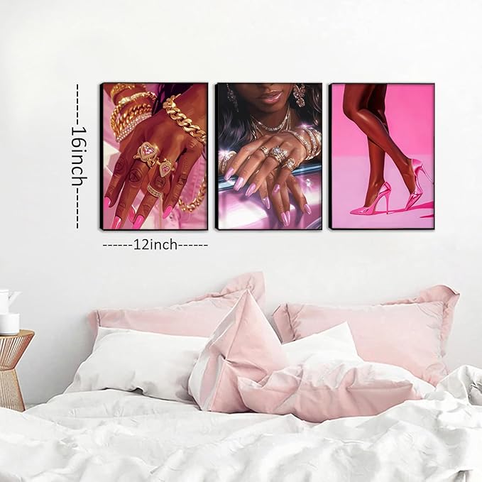 Pink Fashion Black Girl Canvas Wall Art Set of 3 African American Black Woman Posters Wall Decor Fashion Black Woman Pictures Prints for Living Room Bedroom Artwork Home Decoration 12x16Inch Unframed
