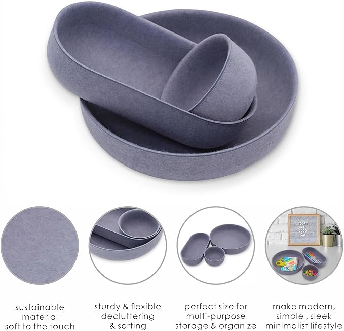 Welaxy EDC Cathall Desk Organizer felt bowls round stylish nightstand multi tray Entryway Bedside Caddy for Keys Phone Wallet Watch Glasses Pens minimalist living 3-Piece (Glacier gray)