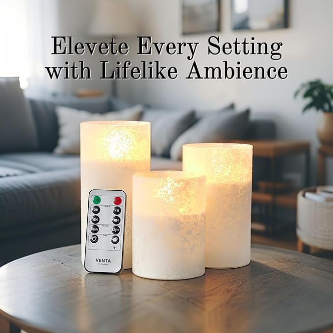 VENTA Frosted Glass LED Candles, Set of 3 | Warm Amber Flickering Pillar Candles with Remote | Creates Cozy, Relaxing Hygge Ambiance for Bedroom & Living Room