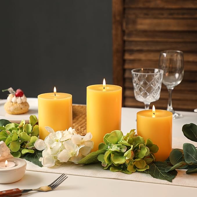 Yellow Pillar Candles Set of 3 - Spring Easter Yellow Candles Decorations, Hand-Poured Unscented Candle, Smokeless Decorative Candle for Home, Set of 3 in Different Sizes (4", 5", 6")