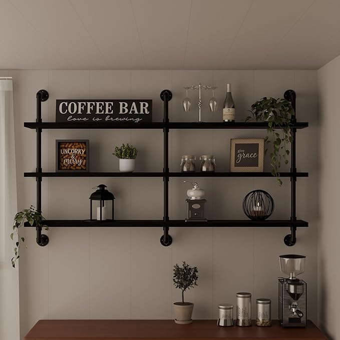 HDDFER Industrial Pipe Shelving Rustic Black Pipe Wall Shelves Industrial Shelves with Wood Planks Floating Shelves 60 Inch Farmhouse Bathroom,Kitchen Shelving Wall Mounted