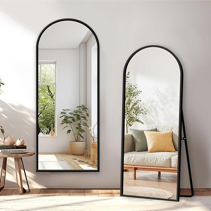 GlasFlength Full Length Mirror with Stand - 56" x 19" Arched Aluminum Alloy Frame Full Body Mirror, Standing Hanging or Leaning Wall Floor Mirror for Bedroom Living Room Entryway, Black