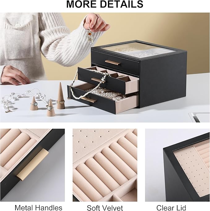 Frebeauty Clear Lid Jewelry Box,3-Layer Jewelry Organizer with Drawer,PU Leather Jewelry Organizers and Storage,Jewelry Boxes for Women,Jewelry Storage for Rings Earring Stud,Gift for Women(Black)