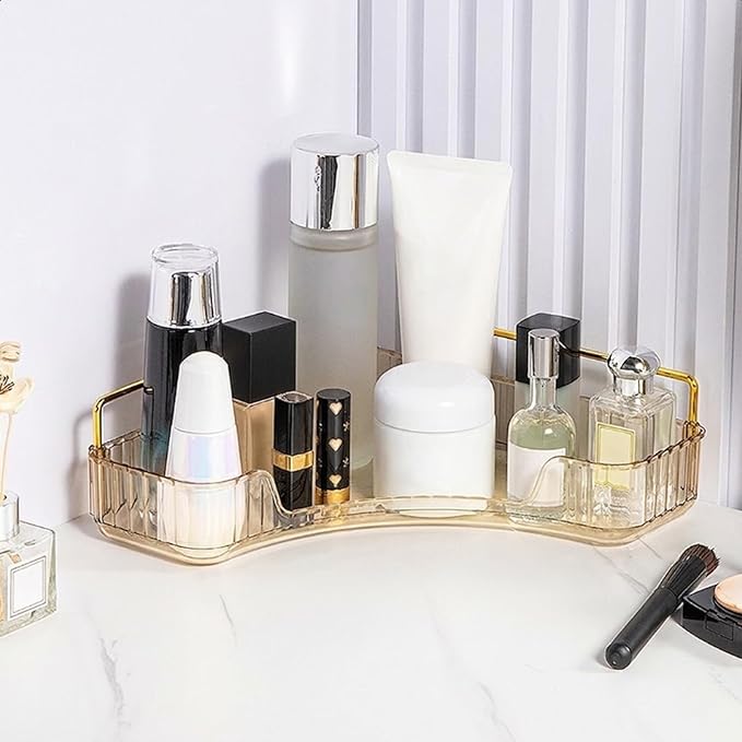 Multi-Tier Corner Countertop Organizer Rack, Makeup Organizer Countertop, Bathroom Counter Organizer, for Skincare and Cosmetics, Ideal Vanity Gift (Transparent Gold, 1-Tier)