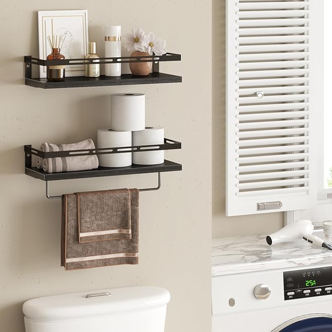 YGEOMER Floating Shelves for Bathroom Organizer Over Toilet, Wall Mounted Bathroom Shelves with Towel Bar, Wall Shelf for Bedroom Kitchen Living Room Storage (Black-Black)