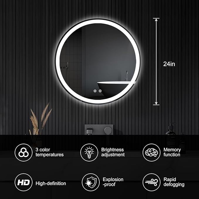Sweetcrispy 24-Inch Round LED Bathroom Backlit Mirror with Lights, Circle Vanity Mirror with Anti-Fog, Dimmable, 3-Color Light, Memory Function, Tempered Glass