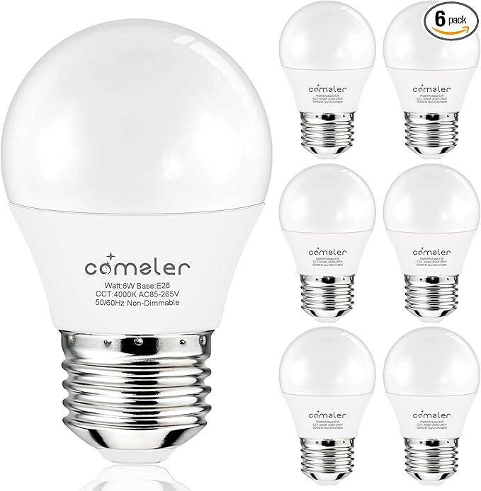 comzler LED Refrigerator Light Bulb, E26 LED Bulbs 60 Watt Equivalent, A15 Appliance Small Bulbs E26 Base with 4000K Natural White, Ceiling Fan Bulb, 600LM Indoor Outdoor Light, Non-Dimmable, 6 Pack