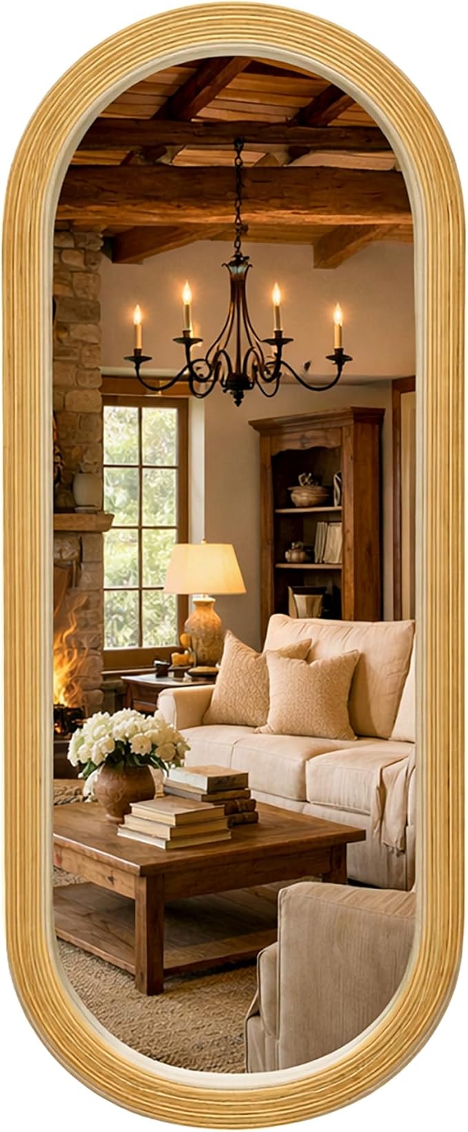 20" x 52" Oval Full Length Wall Mounted Mirror, Handwoven Natural Bamboo Frame (Warm Tone), Boho Coastal Mirror for Entryway, Bedroom, Dressing Room, Vertical & Horizontal Hanging