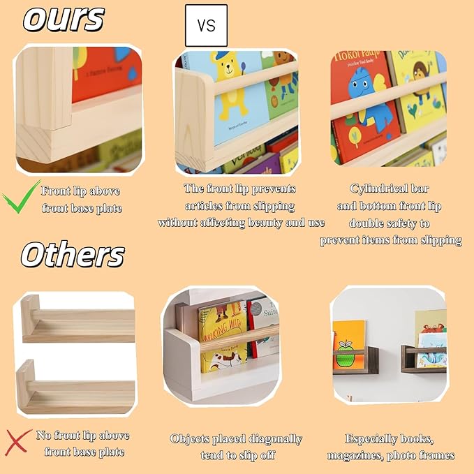Natural Wood Nursery Floating Shelves Set of 3– Wall Mounted Kids Bookshelf & Toy Organizer – 16 Inch Rustic Pine Hanging Display Book Shelves for Bedroom, Playroom, and Baby Decor