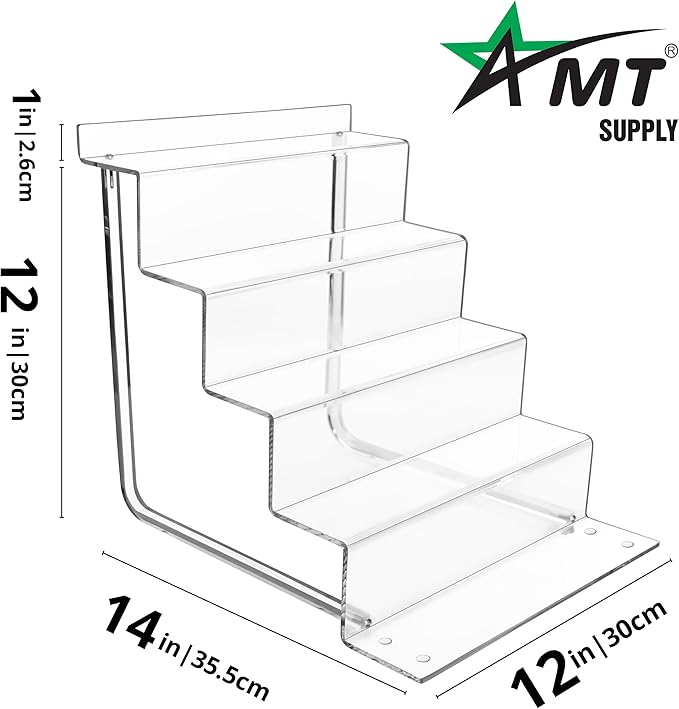 AMT Acrylic Riser Display Stand, 100% Acrylic Clear 5-Tier Organizer for Figures, Cupcake, Perfume, Sunglasses (12 inch x 2.75 inch) 1-pack