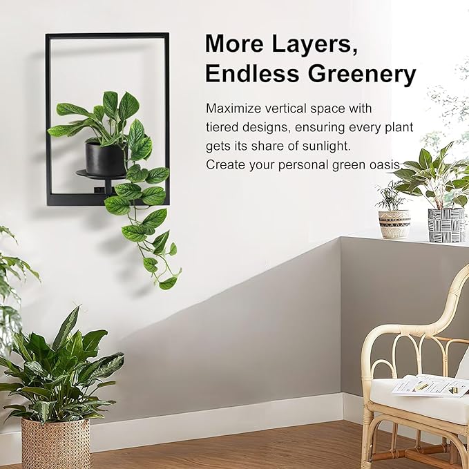 Plant Wall Shelf, Metal Modern Style Frame, Picture Wall Plant Holder, Plant Frames for Living Space Decor Display Stand for Living Room Balcony Garden Patio (2 PACK(BLACK))