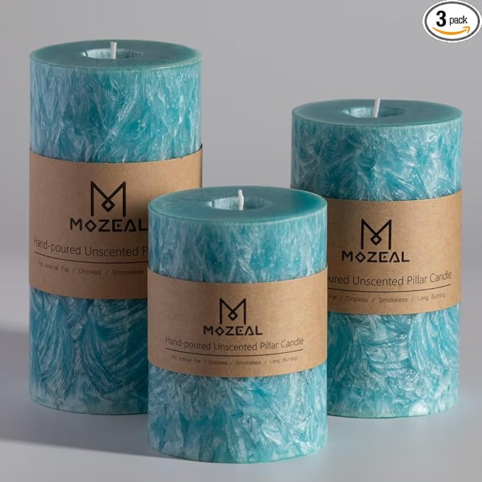 MOZEAL Hand-Poured, Unscented Turquoise Crystal Pillar Decorative Candles, Elegant Set of 3 in Different Sizes (3"x4", 3"x5", 3"x6"), Luxurious Décor for Spring Homes & Events