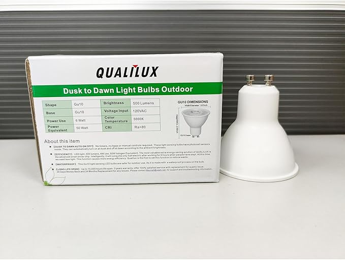Qualilux Dusk to Dawn Light Bulbs, Auto On/Off Light Sensing LED Bulbs Outdoor,Daylight, MR16 GU10 4-Pack, 6W 500LM 50W Equivalent, HQ-H045