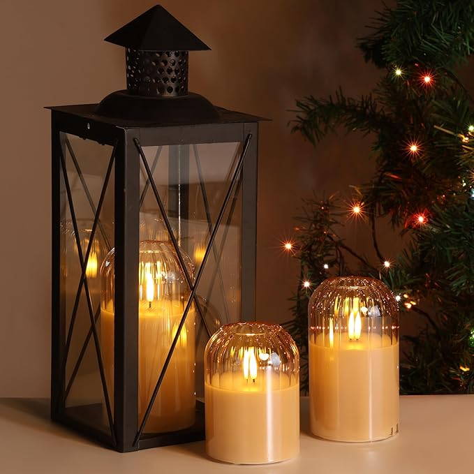 Gold Glass Flameless Candles with Remote, Real Wax Flickering Battery LED Pillar Candles Set of 3