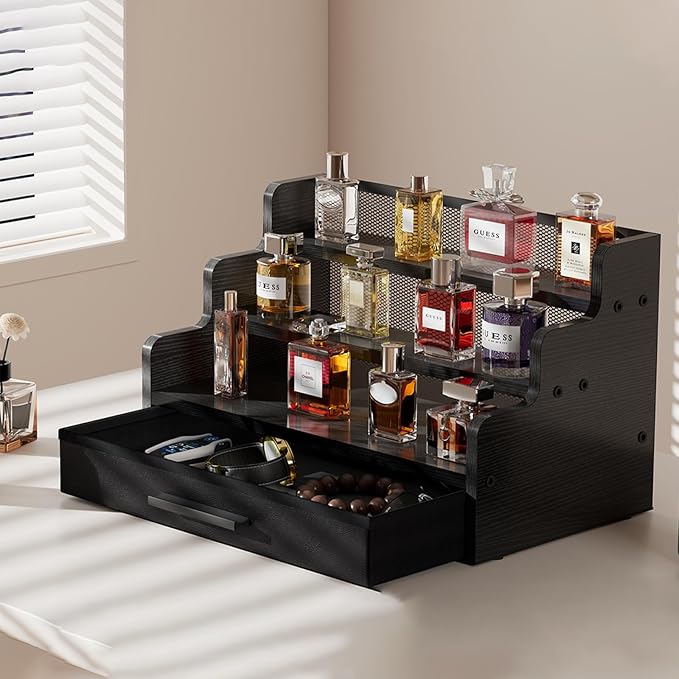 Cologne Stand for Men, 3 Tier Black Wooden Perfume Organizer with Drawer Storage, Perfume Display Shelf for Cologne, Watch, Skincare and Makeup, Perfect Birthday/Christmas Gift for Lovers & Fathers