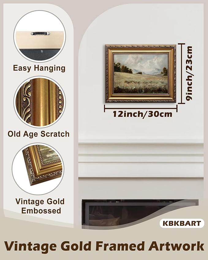 KBKBART Gold Framed Vintage Countryside Canvas Oil Painting Farmhouse Decor, Rustic Antique Landscape Bathroom Wall Decor for Bedroom Living Room, Gifts for Friends or Family (9"x12")