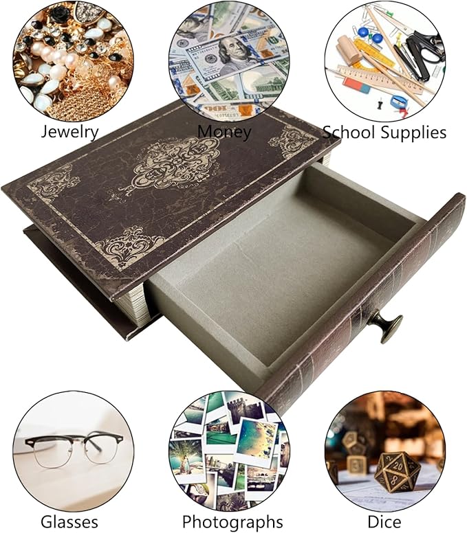 Vintage Decorative Book Storage Box with Drawer, Distressed Dark Brown Faux Leather Finish with Ornate Pattern, Hidden Keepsake Case for Desk or Bookshelf Display 11.8″ x 8.7″ x 2.4″