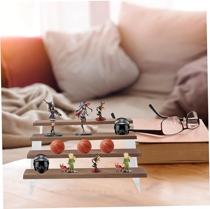 Levemolo Acrylic Wood Figure Display Rack 4-tier Handicrafts Storage Shelf Picture Holders for Side Table Makeup Organizer