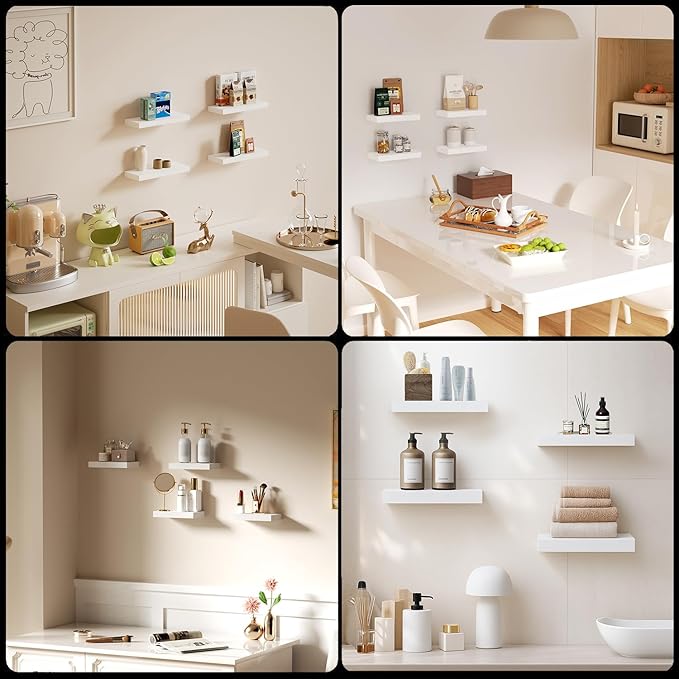 Floating Shelves for Wall, Bathroom Shelves Over Toilet, Wall Shelves & Book Shelf for Room, Hanging Shelf, Modern Wooden Wall-Mounted Small Floating Shelves, 12x7x1.5 in (White, Set of 4)