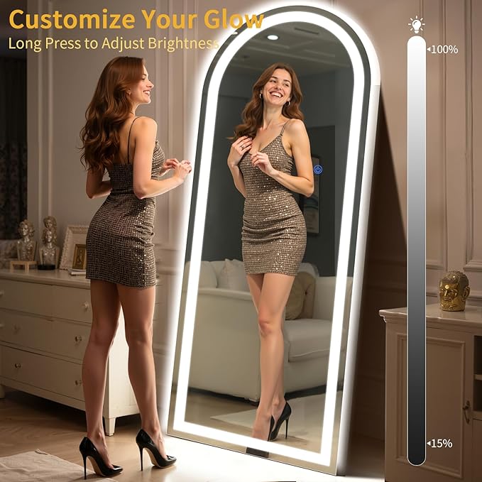 Arch Full Length Standing Mirror with LED Lights, 71"x32" Lighted Mirror with Dimming & 3 Color Lighting, Tall Mirror Full Body for Bedroom, Dressing Room