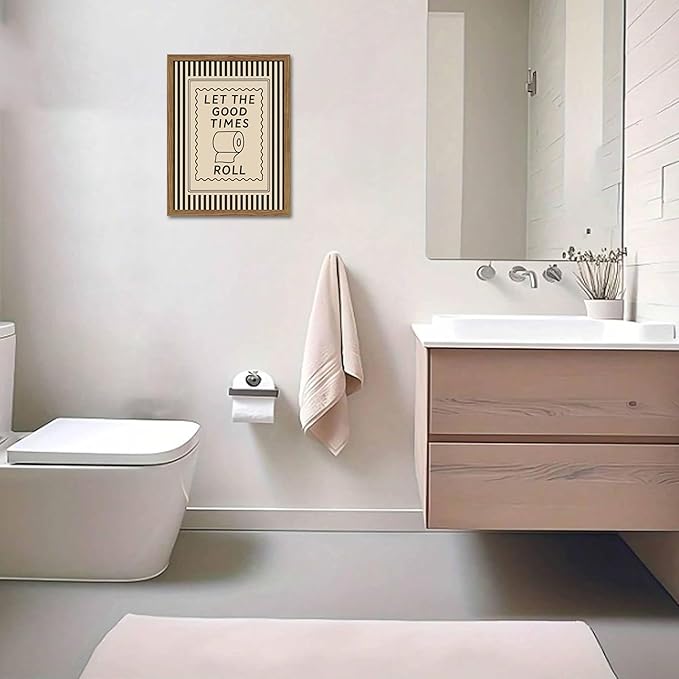 Framed Funny Bathroom Wall Art, Let The Good Times Roll Canvas Wall Decor Painting, Humorous Toilet Quote Artwork Poster Print Picture for Modern Farmhouse Bathroom Decor 16x24 Inch
