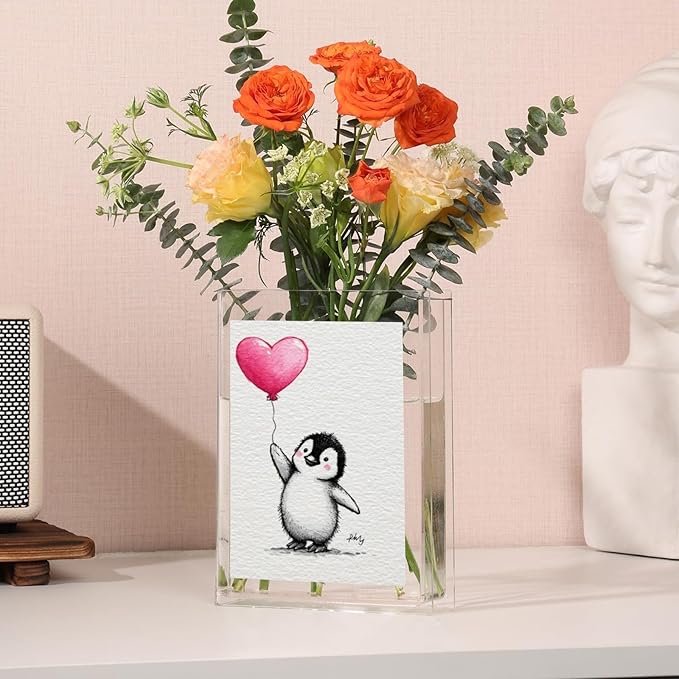 Book Shaped Vase for Flowers,Adorable Penguin with Pink Clear Bookend Vase Aesthetic Room Decor for Modern Home/Office, Minimalist Shelf Organizer with Floral Display for Book Lovers
