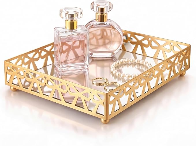 Zhehao Gold Vanity Tray with Mirror Bottom Decorative Bowknot Jewelry Organizer Tray 11.8x7.9 Inch Metal Vanity Organizer for Perfume Makeup Dresser Bathroom Countertop, Women Mom Gift
