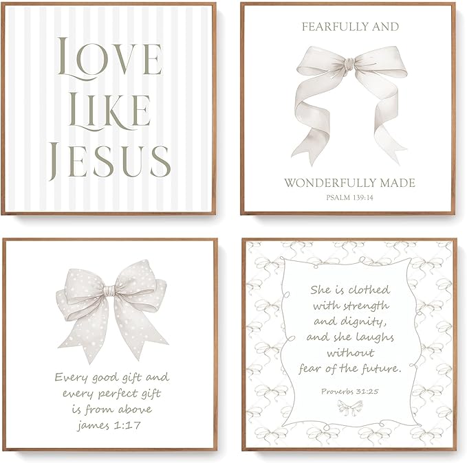 LARTSFRO Coquette Beige Bow Jesus Wall Art Decor Posters, Beige Bow Christian Room Bedroom Bathroom Wall Art Decor Aesthetic for Teen Girls Gifts, Inspirational Bible Verses Bow Wall Decor, 10x10 Inch Set of 4 Bow Pictures (UNFRAMED)