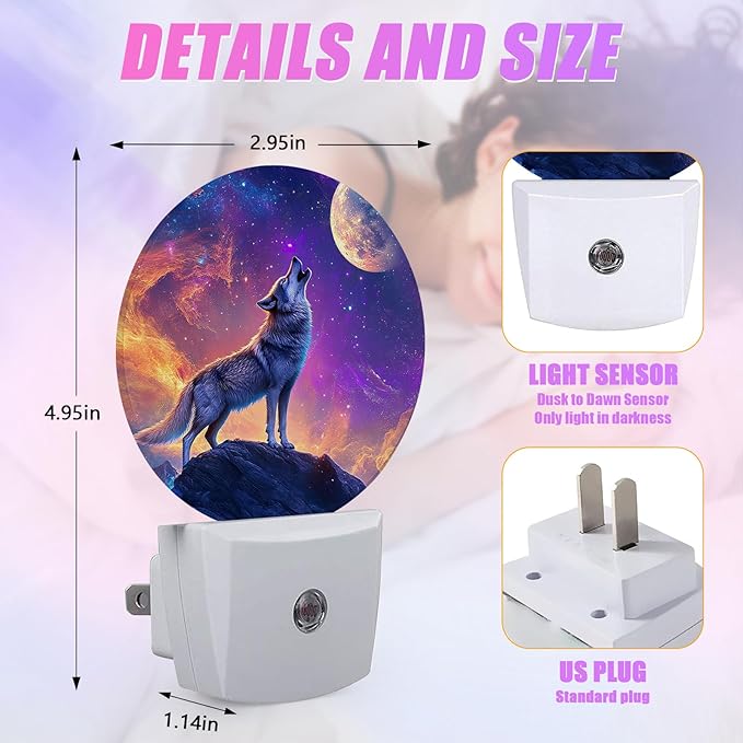 Wolf Night Light Full Moon Night Lights LED Lamp Round Plug into Wall Nightlight with Dusk to Dawn Sensor Home Hallway Stairway Kitchen Decor
