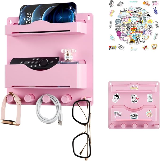 JUMEIHUI Pink Bedside Shelf Organizer - Wall Mount Phone Holder with Glasses Hook & 50 Motivational Stickers for Girls Bedroom Dorm Decor