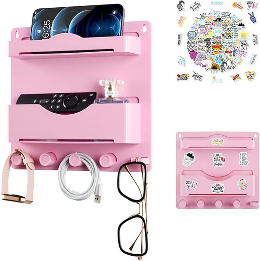 JUMEIHUI Pink Bedside Shelf Organizer - Wall Mount Phone Holder with Glasses Hook & 50 Motivational Stickers for Girls Bedroom Dorm Decor