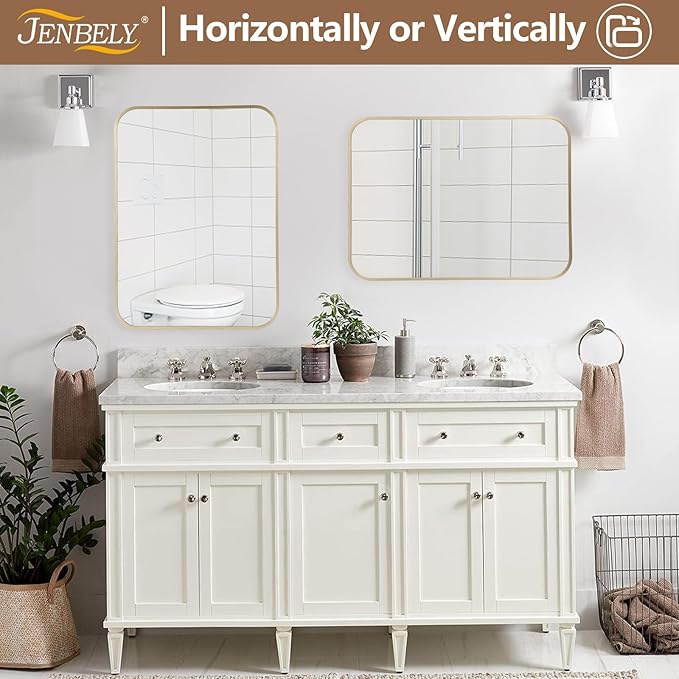 Gold Mirror, 16x24 Inch Framed Rectangle Mirror with Rounded Corner, Brushed Brass Mirror, Gold Bathroom Mirror for Over Sink, Vanity, Living Room, Bedroom, Horizontal/Vertical