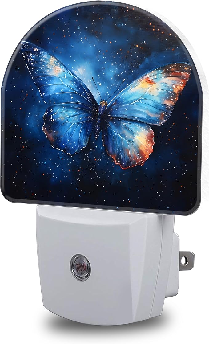 Night Lights Plug into Wall Blue Butterfly with Stars Night Light Dusk to Dawn Smart Sensor Decorative Round Led Lamp for Bedroom Kitchen Hallway Nightlight for Women Men
