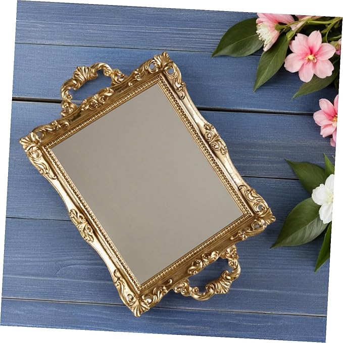 BESPORTBLE Retro Carved Golden Mirror Tray Resin Storage Decorative Plate Nordic Style Wedding Makeup Vanity Organizer for Cosmetics and Room Décor