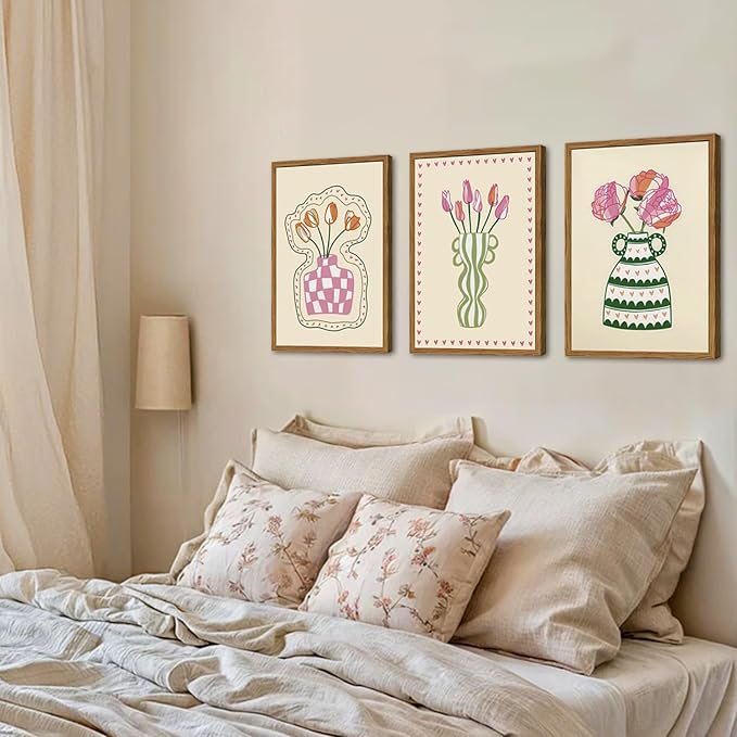 Framed Boho Floral Canvas Wall Art Set of 3, Pink Tulip Flower Paintings Wall Decor, Abstract Botanical Pictures Prints Minimalist Home Decor Aesthetic for Living Room Bedroom Office 16×24 inch