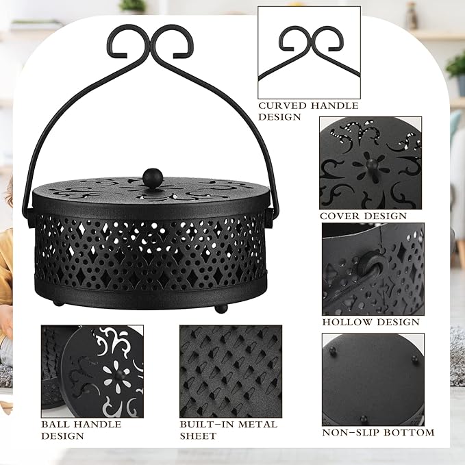 4 Pieces Mosquito Coil Holder Incense Coil Holder Round Retro Portable Metal Hanging Incense Burner with Handle for Home Camping Indoor Outdoor Patio(Black)