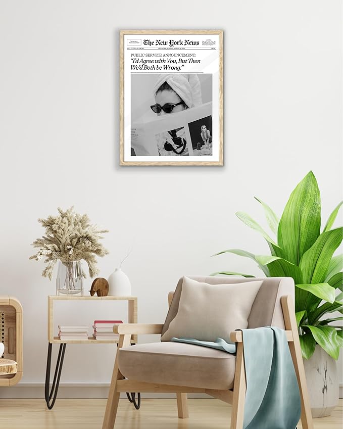 EcoHest Small Trendy Newspaper Framed Wall Art, 8x10 in OAK Wood Cool Girl Canvas Art, Magazine Bar Cart Print College Dorm Decor, Beige Logs Set of 1 for Bedroom Living Room