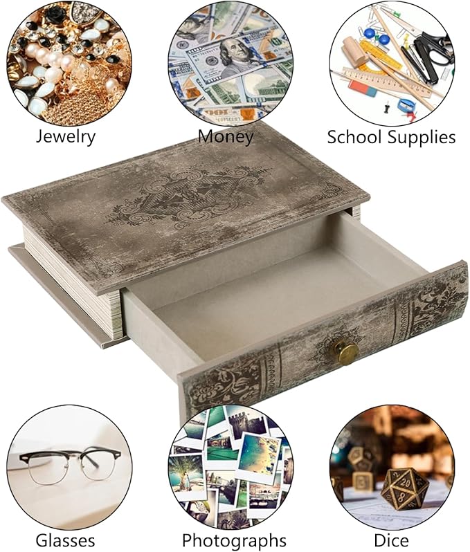 Vintage Book-Shaped Storage Box with Drawer, Distressed Vintage Brown Faux Leather Finish and Gothic Medallion Motif, Decorative Hidden Organizer for Home or Office 11.8″ x 8.7″ x 2.4″