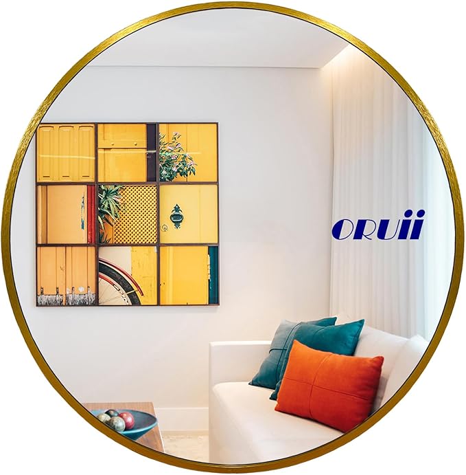 Oruii Gold Round Mirror 28 inch, Large Circle Mirror Gold Metal Frame, Golden Round Bathroom Mirrors, Circular Mirrors for Wall, Living Room, Dining Room, Entryway.