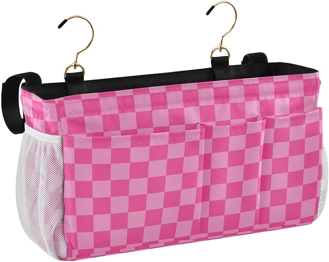 Pink Checkered Print Bedside Caddy Storage Bag Bedside Organizer for Bunk Bed Headboards College Organizer Caddy Hanging Shelf 6 Pockets with Hooks for Drinks Magazine Phone Holder