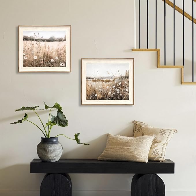 ASTRDECOR Framed Nature Wall Art Prints, Vintage Wildflower Field Landscape Canvas Wall Art Bedroom, Autumn Oil Painting Botanical Artwork, Plant Pictures Farmhouse Wall Decor Living Room - 10''x12''