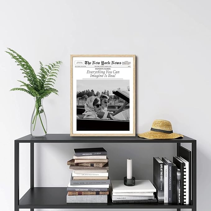 Bwodke OAK Wood Framed Wall Art Everything You Can Imagine Is Real Canvas Art Vintage Newspaper Pictures Wall Decor Hot Girls Prints Trendy Artwork for Girly Dorm Bedroom 16"x20"