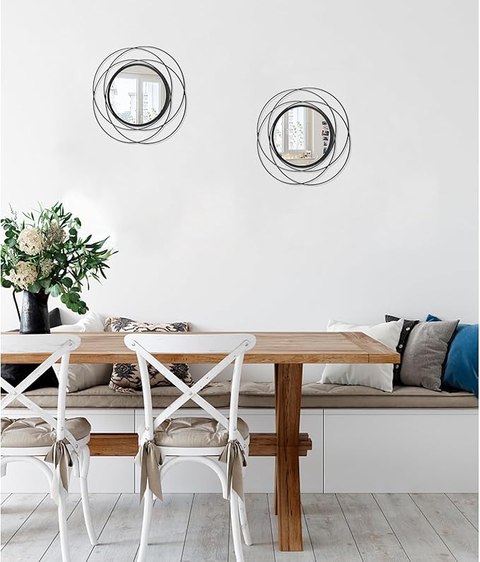 2 Set 12'' Black Circle Mirrors Wall Decor Iron Frame Wall Art Round Mirror Home Decor Hanging for Living Room Bedroom Bathroom Entryway