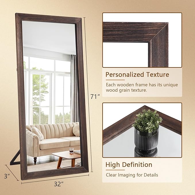Rustic Farmhouse Full Length Mirror, 71"x32" Wood Frame Large Floor Mirror, Free Standing Mirror Leaning Wall for Bedroom Living Room Cloakroom, Charcoal-Grilled Brown
