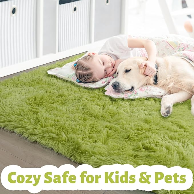 Grass Green Area Rugs for Bedroom, Fluffy Shag Plush Rug 5x7 for Kids Room Living Room Baby Nursery Decor Aesthetic, Cute Fuzzy Floor Furry Cool Shaggy Fuzzy Moss Carpet for Dorm Classroom Playroom