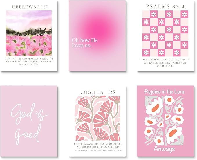 Habseligkeit Unframed Pink Gradient Room Decor, Pink Flower Wall Art Prints, Posters for Girls Dorm Aesthtic, Danish Pastel Wall Decor 8X10in, Set of 6