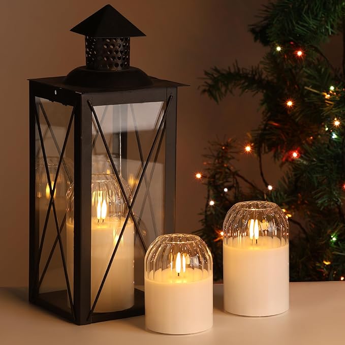 Clear Glass Flameless Candles with Remote, Flickering LED Pillar Candles Battery Powered Ribbed Dome Top Set of 3