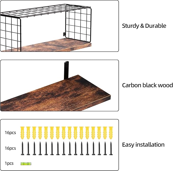 Floating Shelves with Wire Storage Basket, Over Toilet Bathroom Shelves with Metal Guardrail, Wood Wall Shelves for Bathroom, Bedroom, Kitchen - Dark Brown