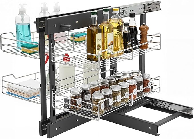 2 Tier Blind Corner Pull Out Organizer,Kitchen Slide Out Corner Cabinet Organizer Shelf with 4 Basket,Left Open & Right Open Compatible Cupboard Storage Shelf for Kitchens Bathrooms Laundries