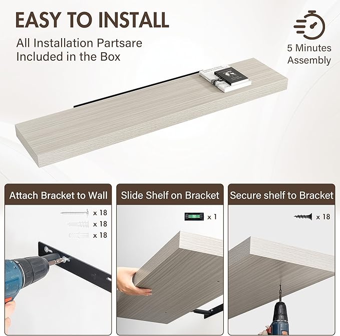Acovy 55 Inch Floating Shelves, 12" Deep Floating Shelf Wall Mounted, 55" Wall Shelves, Rustic Deep Bookshelf, Extra Deeper & Thicker Display Shelves for Bedroom, Living Room, Gray, Set of 2